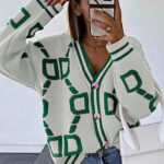 Women's V-neck geometric knit cardigan sweater