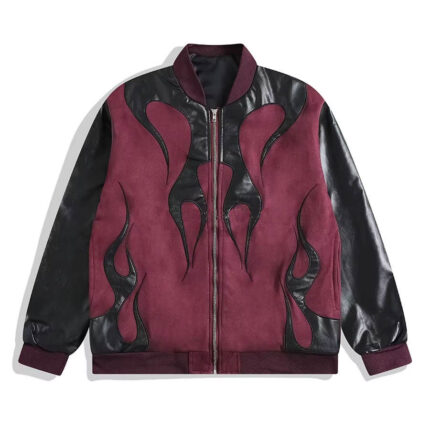 Men’s Two Tone Wool Leather Bomber Jacket Fire Patch Varsity Coat