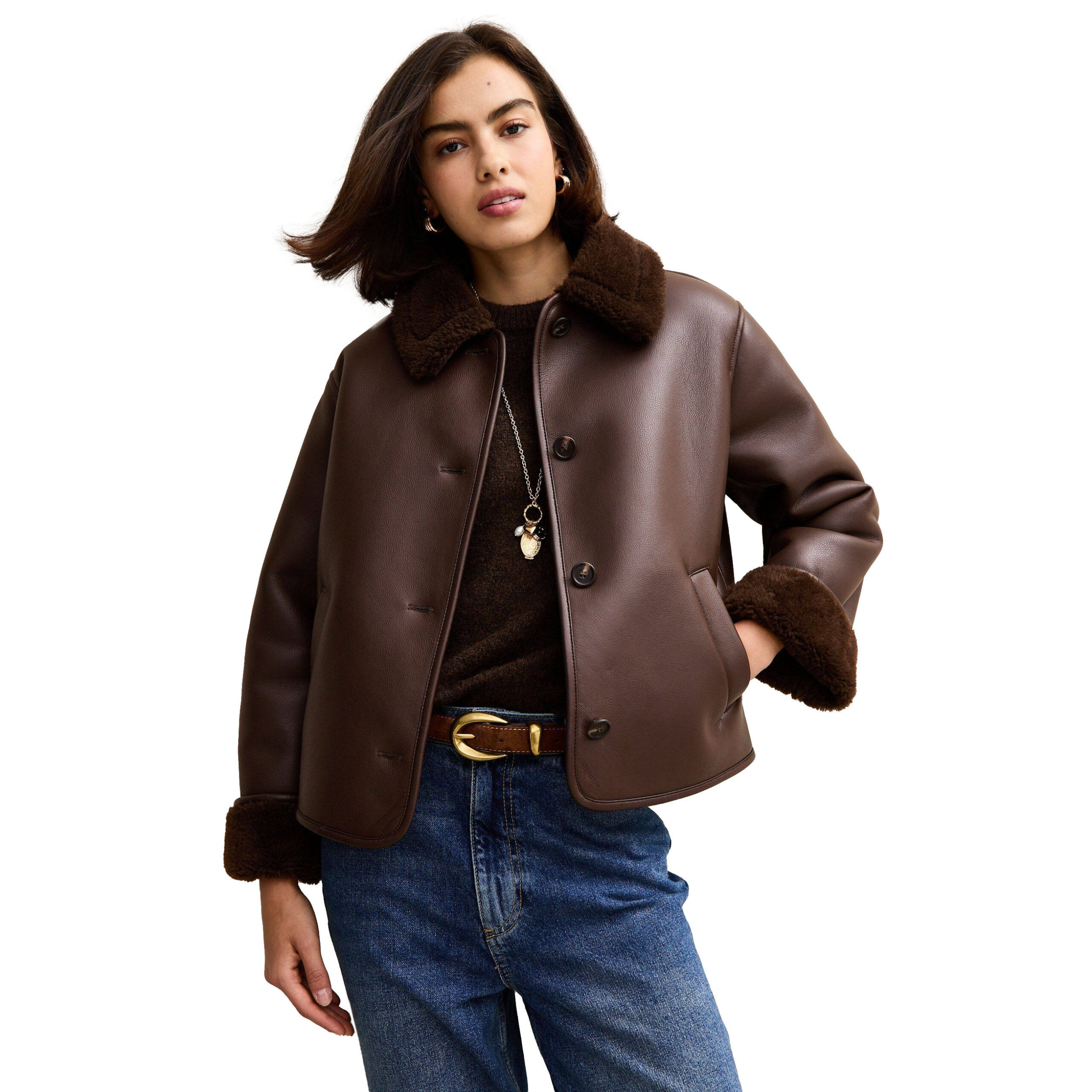 Women’s Brown Boxy Moto Bomber Jacket PU Leather Streetwear Winter Coat (1)
