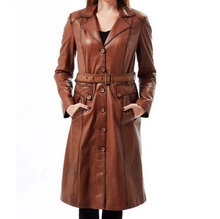Custom women's brown sheepskin leather trench coat