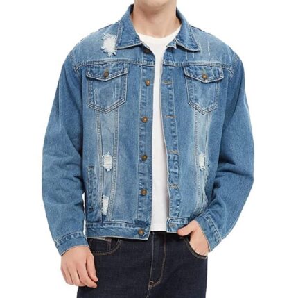 Custom men's distressed denim jacket