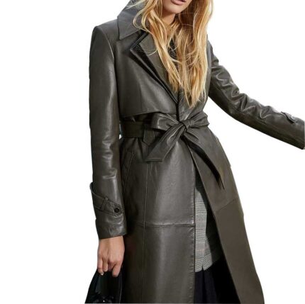 Custom women's belted long leather jacket