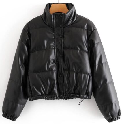 Women's cropped PU leather puffer jacket