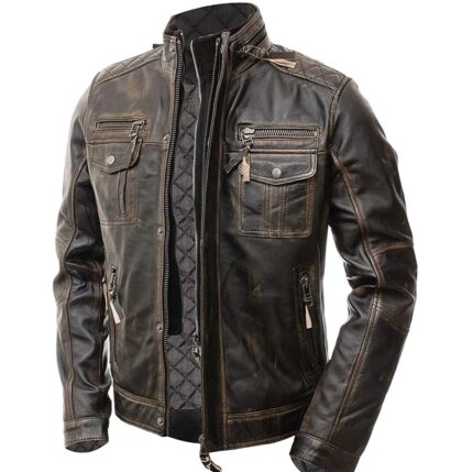 Men's vintage distressed brown cafe racer leather jacket