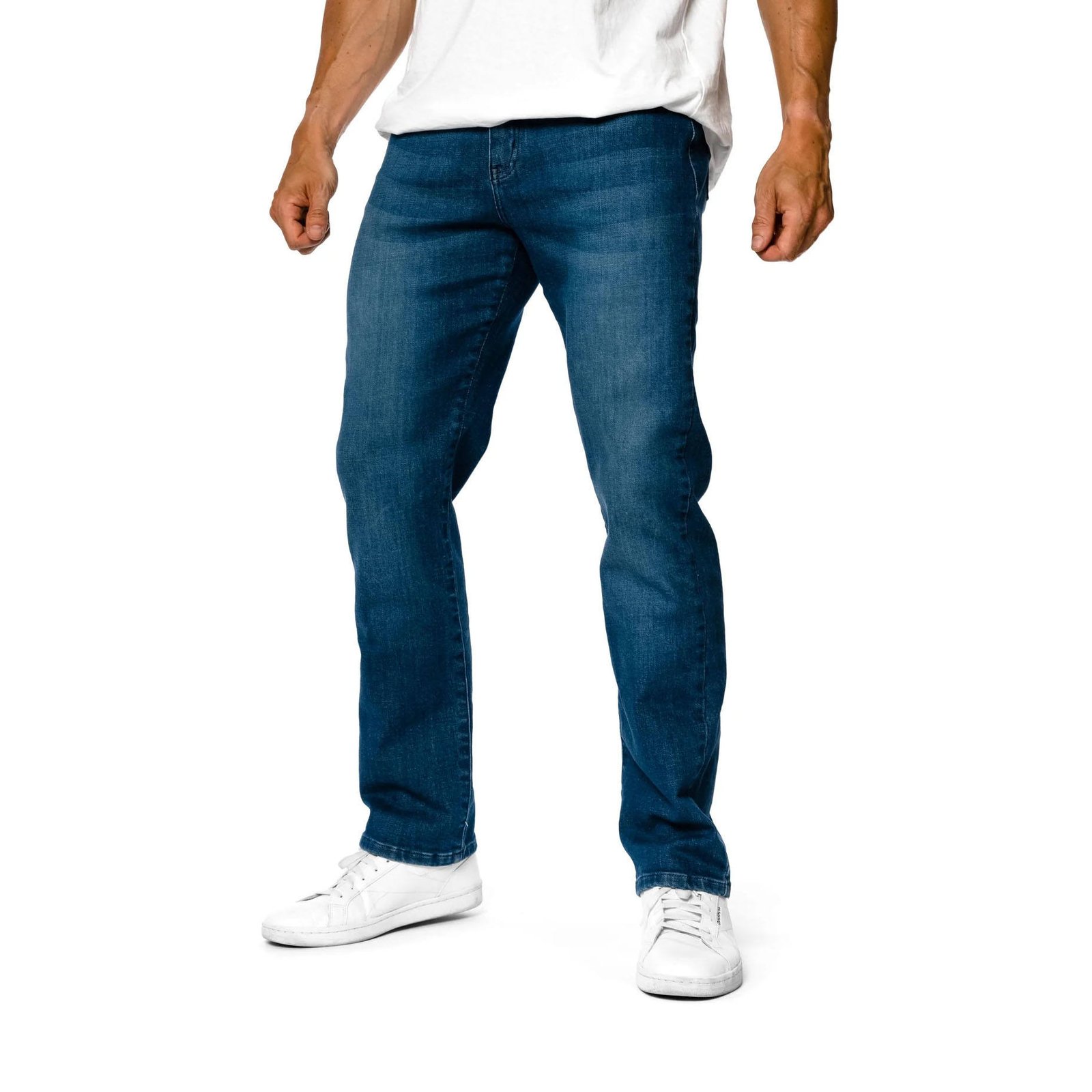 Custom Mens Athletic Casual Comfortable Stretchy Jeans Fitness Middle Waist Jeans Deep Blue Denim Jeans (1)