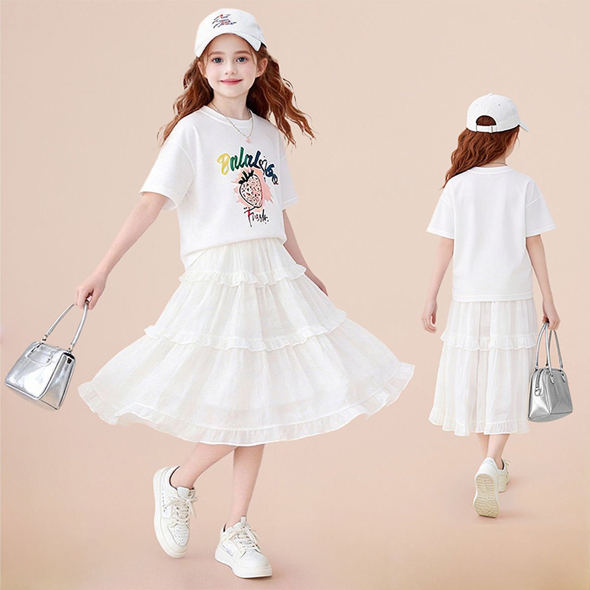 Girls 2 Piece Outfit Strawberry Print T Shirt and Tiered Skirt Set Casual Summer Dress for Kids (4)