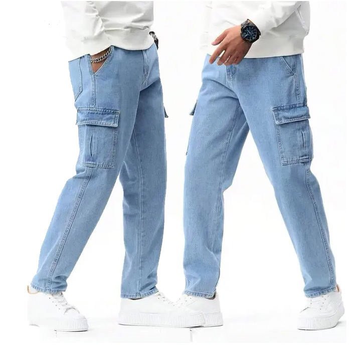 Men's Cargo Denim Jeans Trouser Pants Oversize Button Waist Outdoor Slim Fit Loose Fit Front Back Pocket Stonewashed Breathable (1)