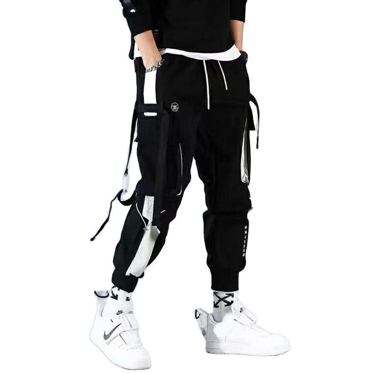 Men’s Spring Loose Fit Cargo Overalls Strap Tape Detail Multi Pocket Casual Pants (1)
