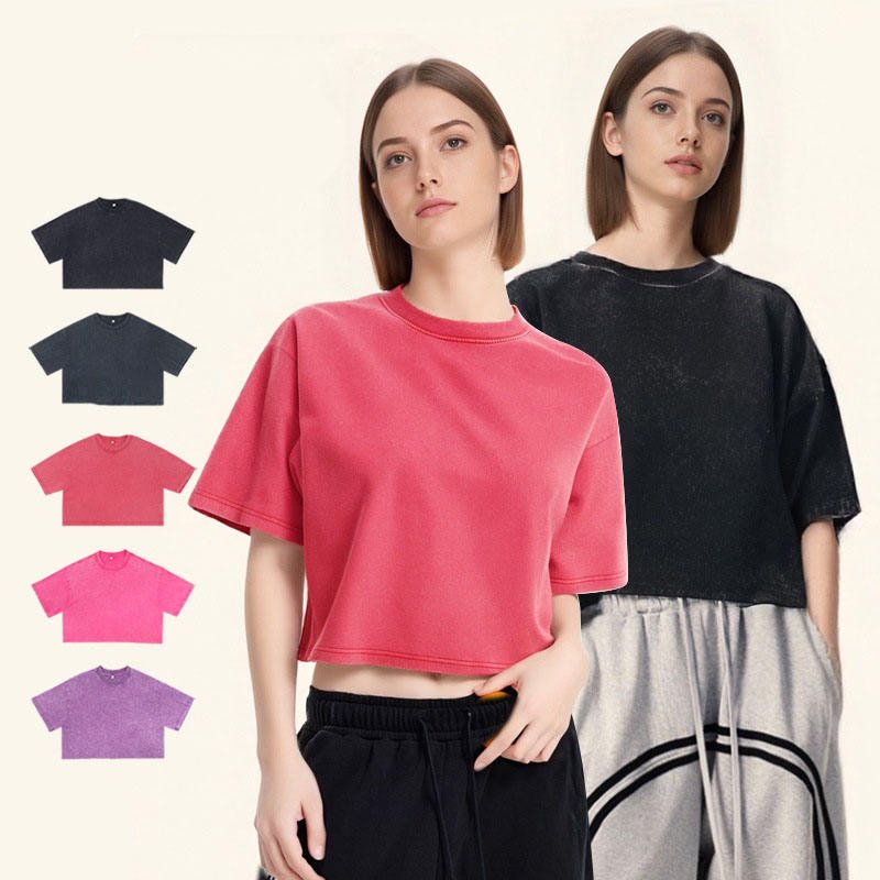 Summer Trendy Brand Crop Top Acid Wash T Shirt Short-Loose Sports Short-Sleeved Breathable Knitted (5)