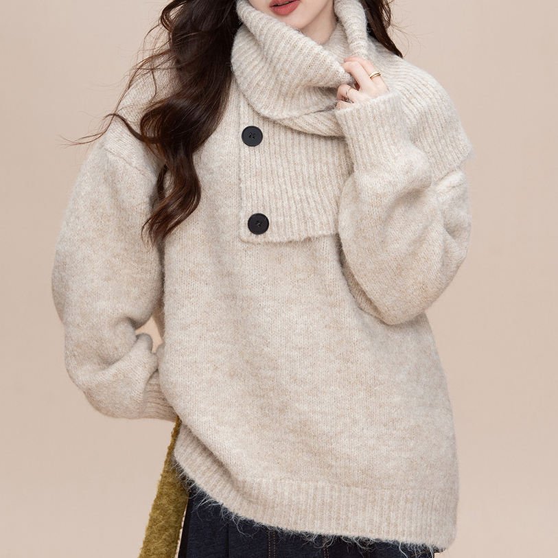 Women’s Oversized Knit Sweater Cowl Neck Button Accent Cozy Casual Pullover (1)