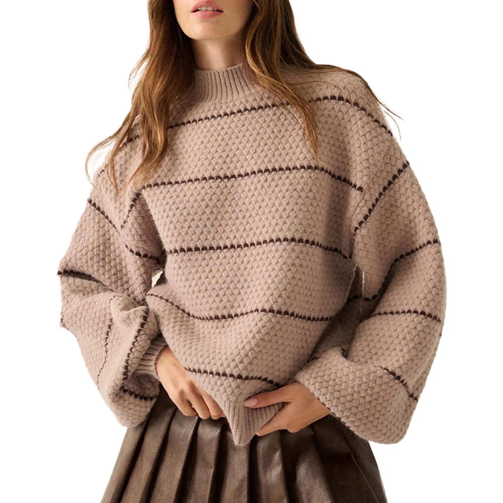 Women’s Wool Blend Mock Neck Striped Knit Sweater Elegant Office Casual Pullover (1)