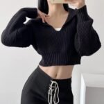 Women's cropped V neck knit sweater front view