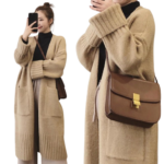 Women's long knit cardigan front view