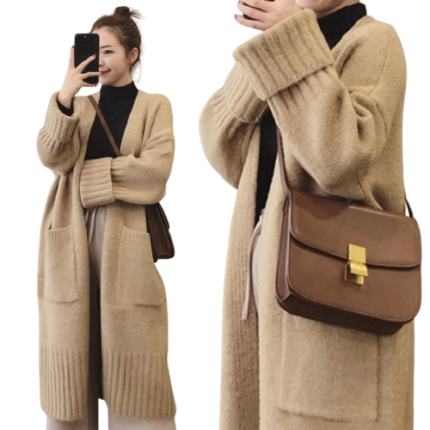 Women's long knit cardigan front view