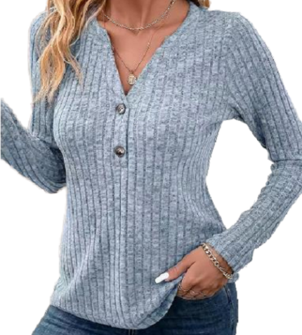 Women's ribbed V neck sweater front view
