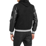 Chenille patch hooded varsity jacket