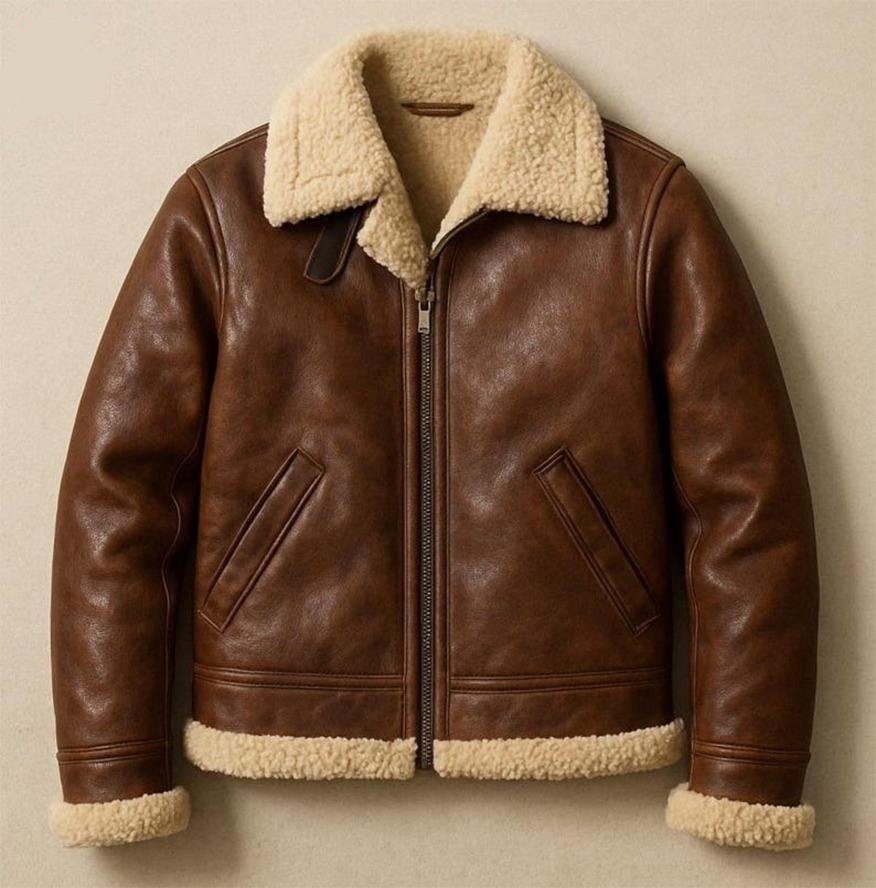 Men’s Aviator Bomber Jacket Wool Lined Synthetic Leather RAF Pilot Casual Coat (5)