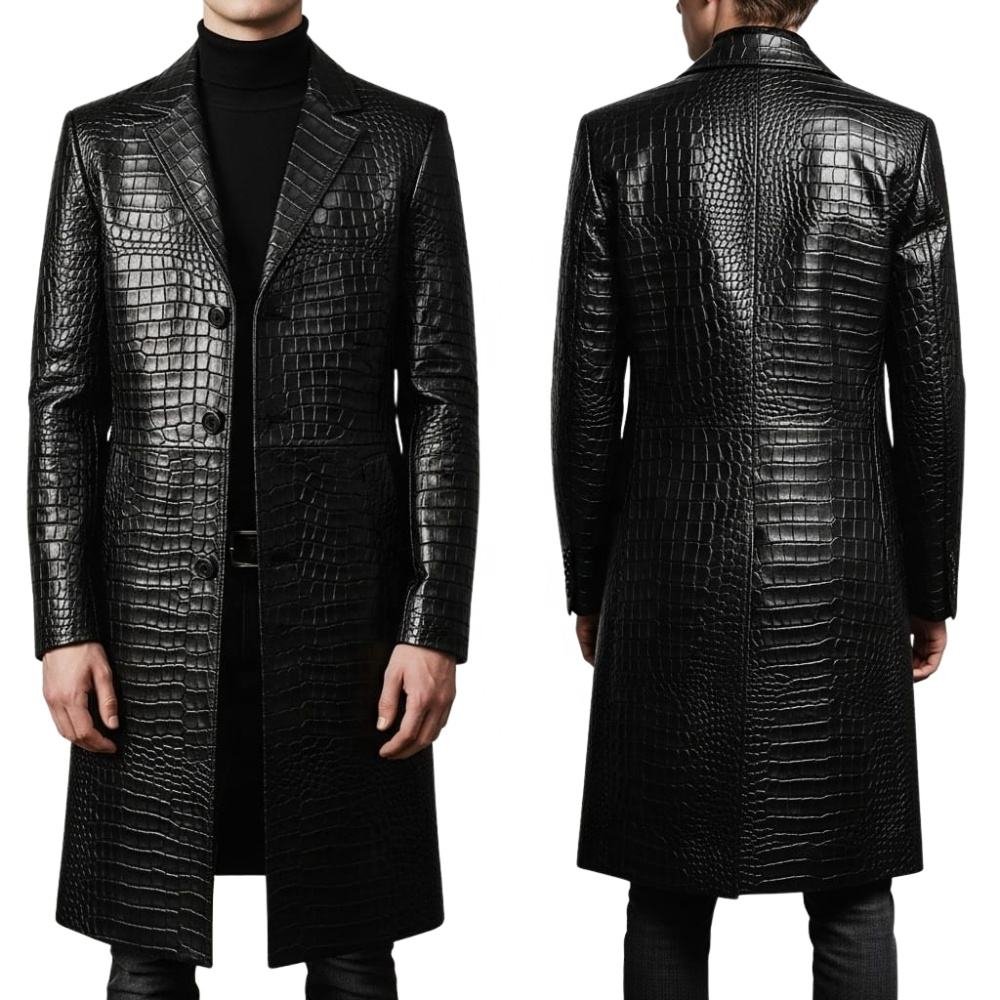 Men’s Black Crocodile Leather Long Coat Luxury Handmade Full Length Designer Overcoat (2)