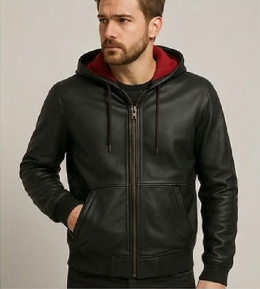 Men’s Black Leather Hoodie Jacket Slim Fit Zip Hooded Heated Winter Coat (1)