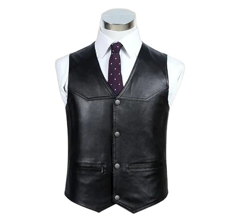 Men’s Genuine Sheepskin Leather Canvas Vest V-Neck Sleeveless Waistcoat (1)