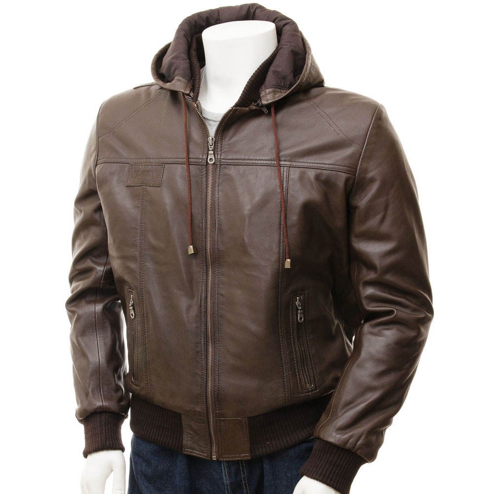 Men’s Hooded Leather Jacket Full Zipper Solid Color Plain Dyed Custom Coat (4)