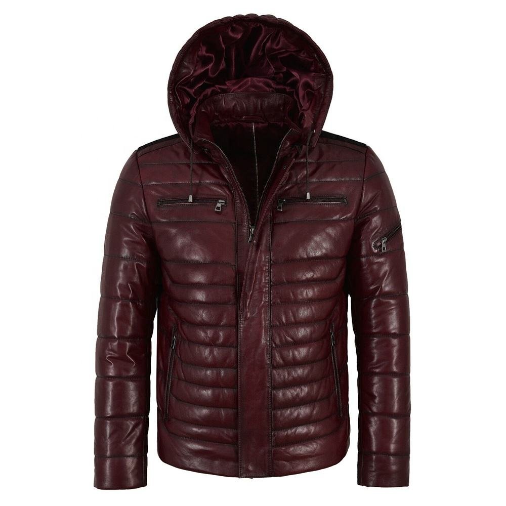 Men’s Leather Puffer Jacket Quilted Design Detachable Hood Winter Leather Coat (3)