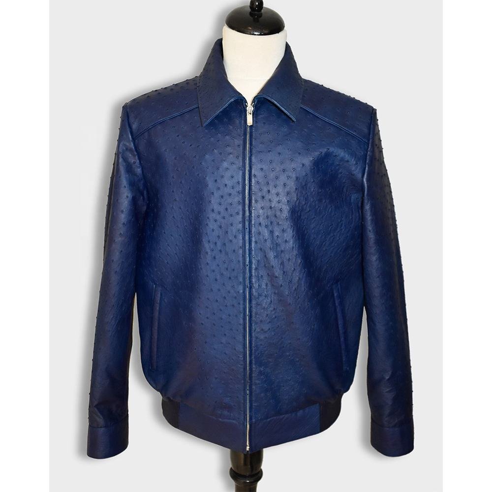 Men’s Ostrich Texture Leather Jacket Blue Genuine Cowhide Bomber Style Coat (2)