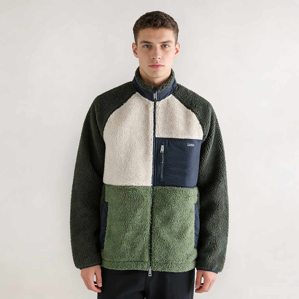 Men’s Patchwork Corduroy Sherpa Fleece Jacket Oversized Teddy Zip Coat (3)