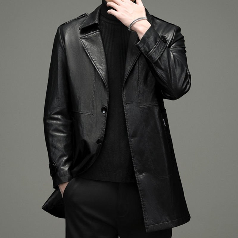 Men’s Plus Size Leather Trench Coat Suit Collar Autumn Winter Leather Blazer (4)