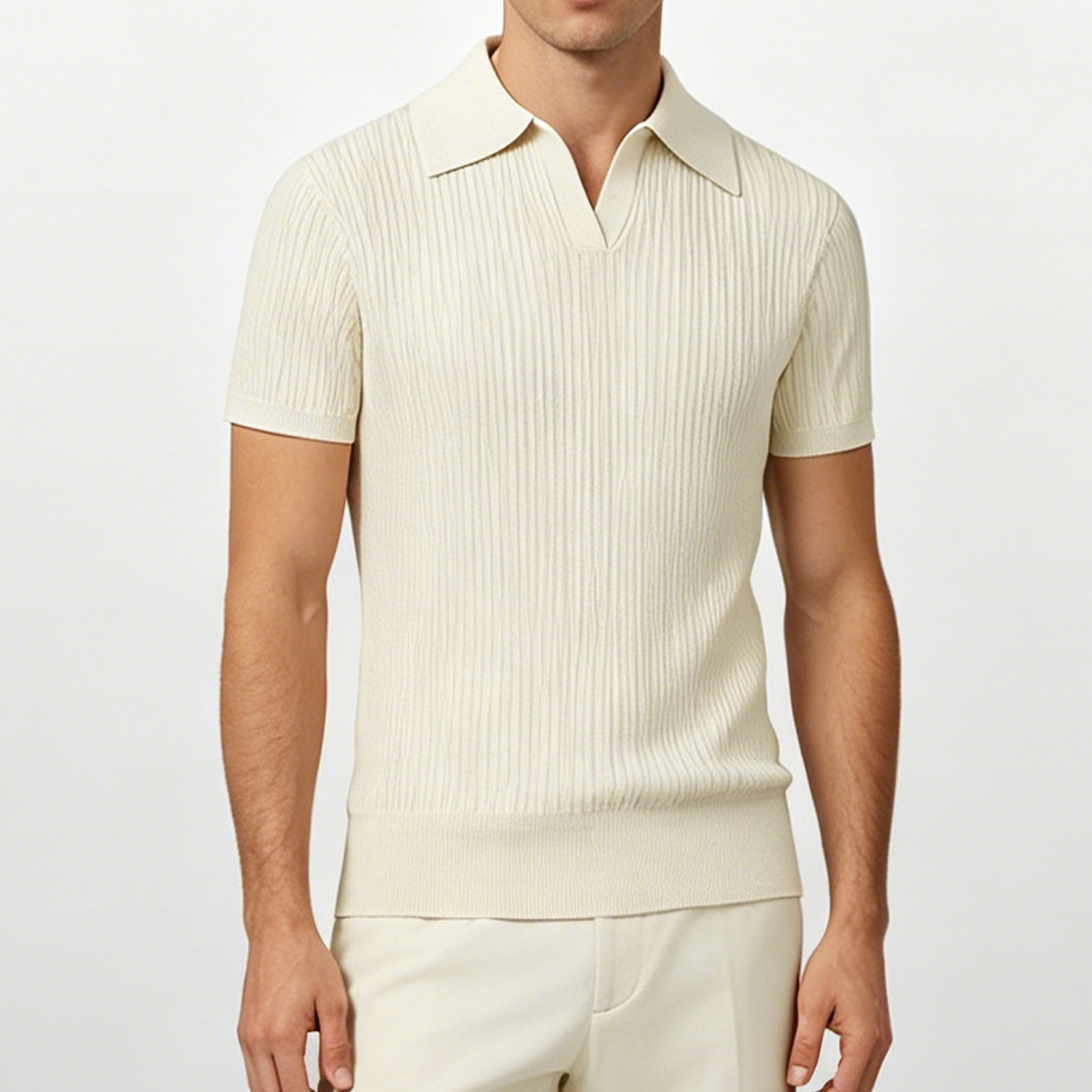Men’s Ribbed Knit Polo Shirt Johnny Collar Short Sleeve Slim Fit Summer Top (1)