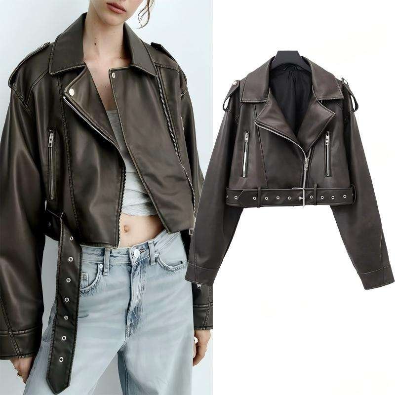 Women’s Black Cropped Moto Jacket PU Leather Streetwear Winter Coat Custom (3)