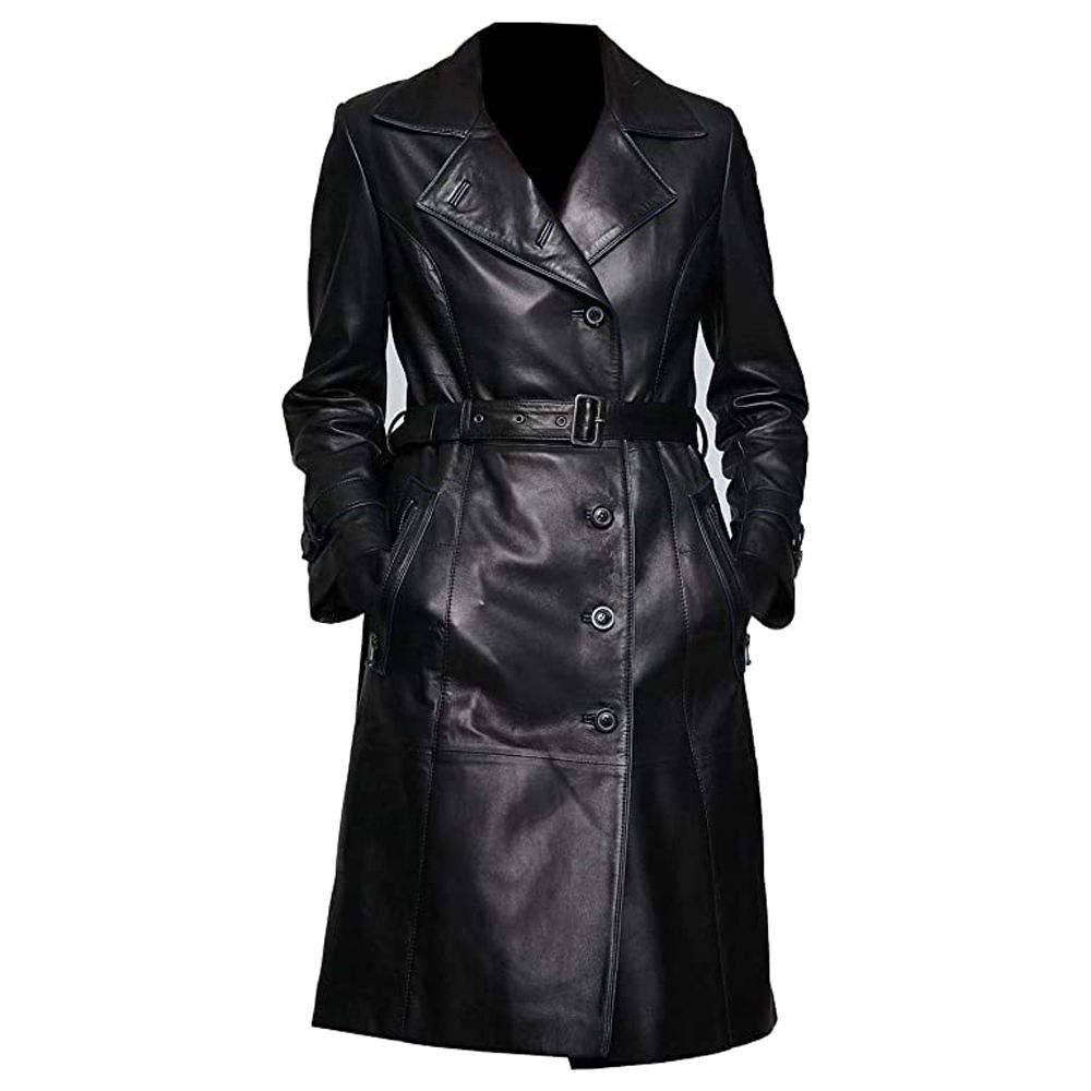 Women’s Black Wool Leather Jacket Fox Fur Long Winter Moto Coat Custom (1)