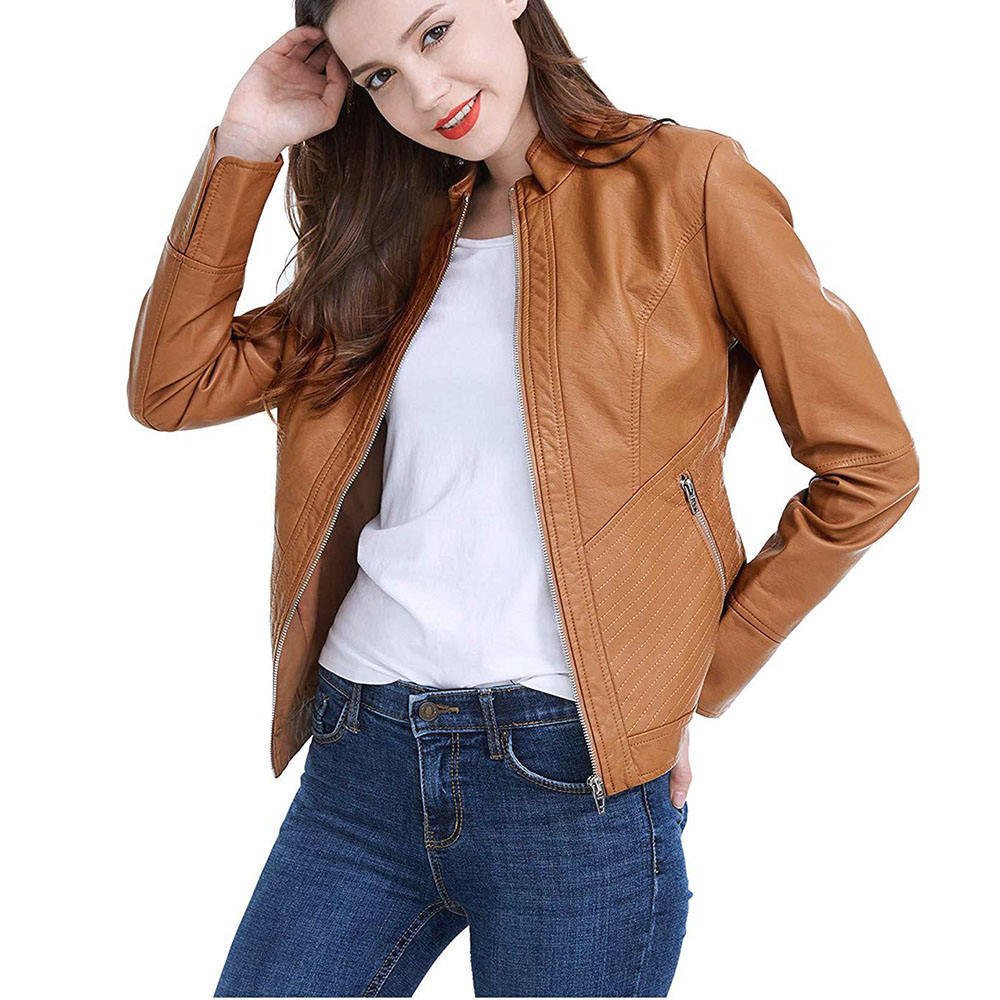 Women’s Brown Leather Jacket Zip-Up Fashion Casual Outerwear Coat (4)
