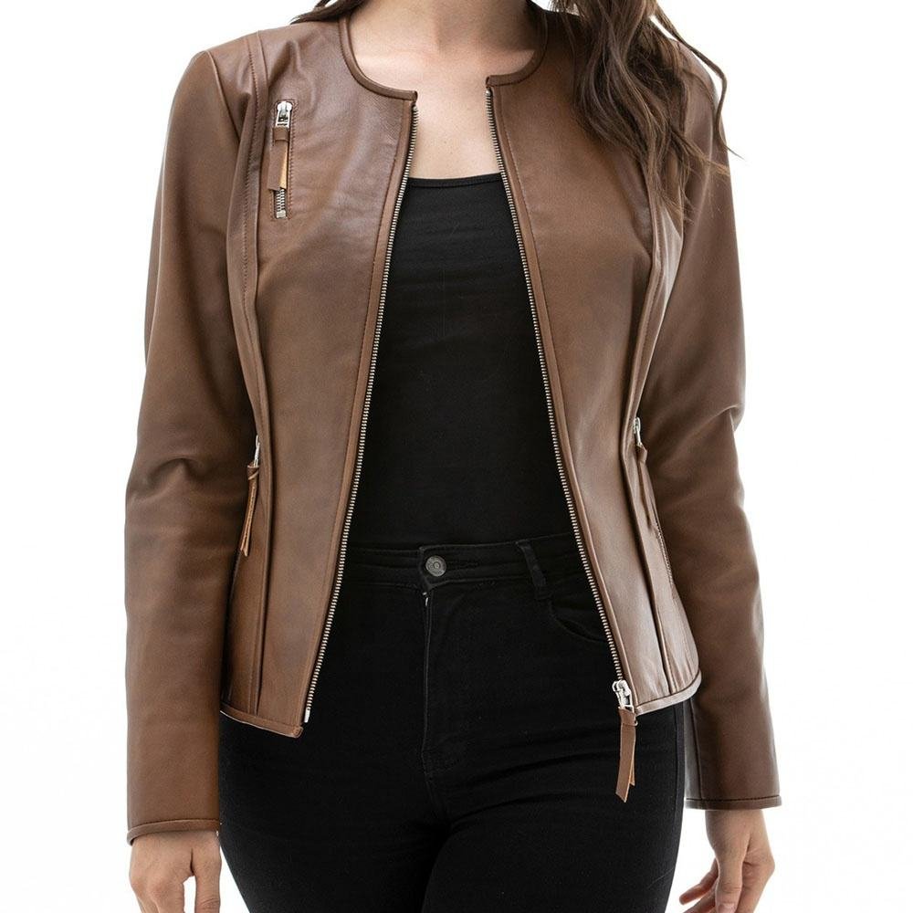 Women’s Brown Sheepskin Biker Leather Jacket Soft Viscose Lining Zip Closure Custom (4)