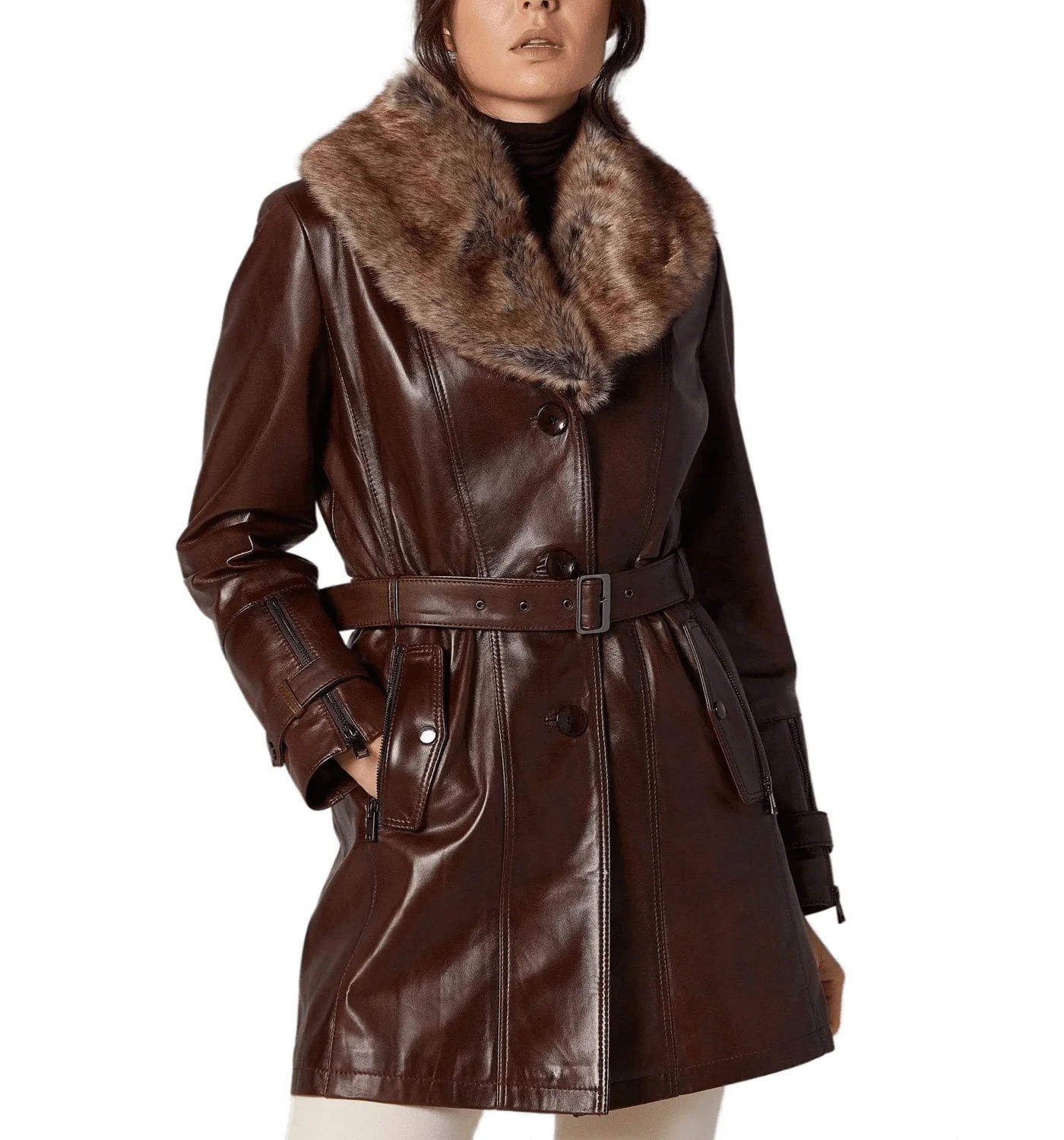 Women’s Brown Sheepskin Leather Trench Coat Belted Fur Long Winter Coat (1)