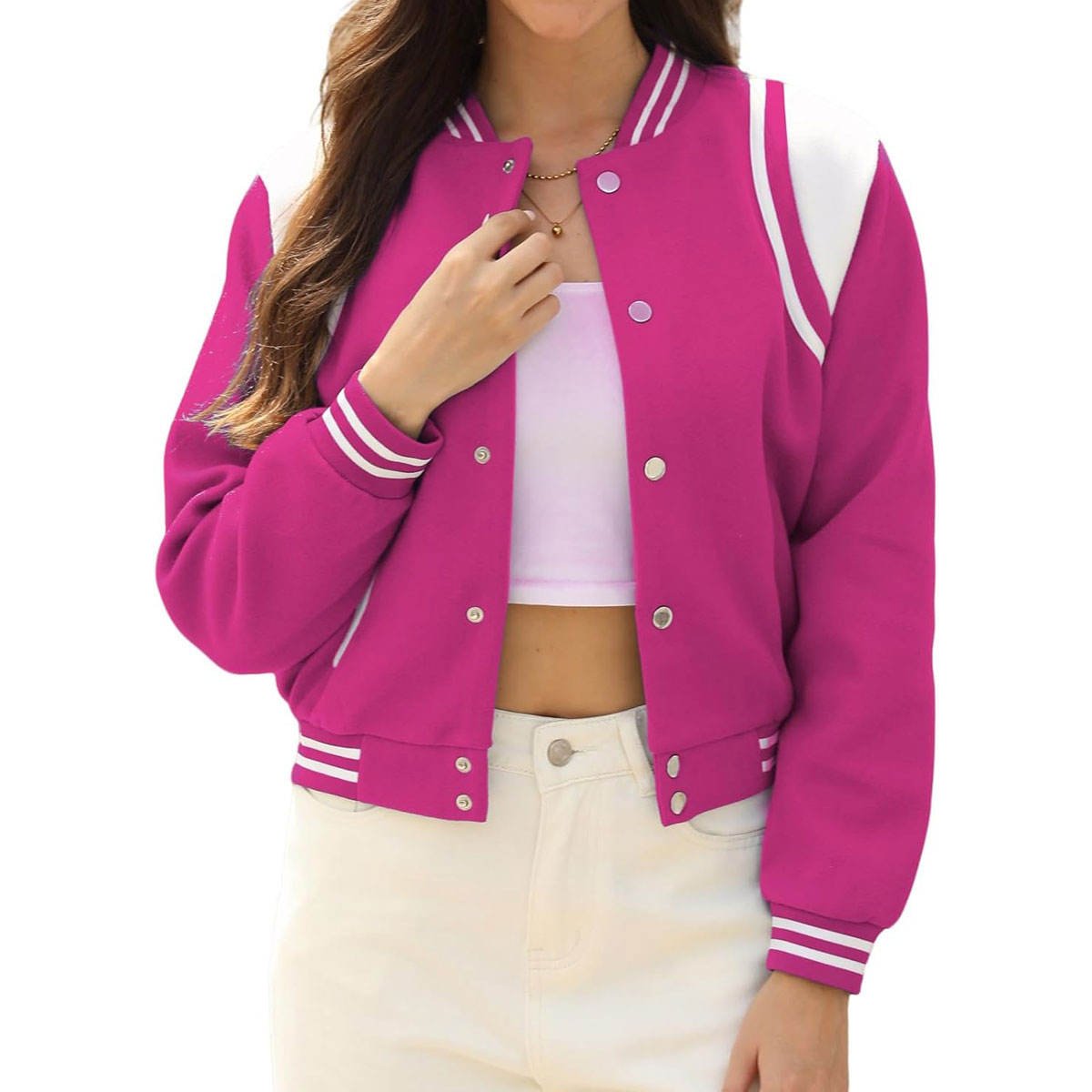 Women’s Cropped Knitted Varsity Jacket Corduroy Sheepskin Embroidery Letter Windproof Bomber Shacket (1)