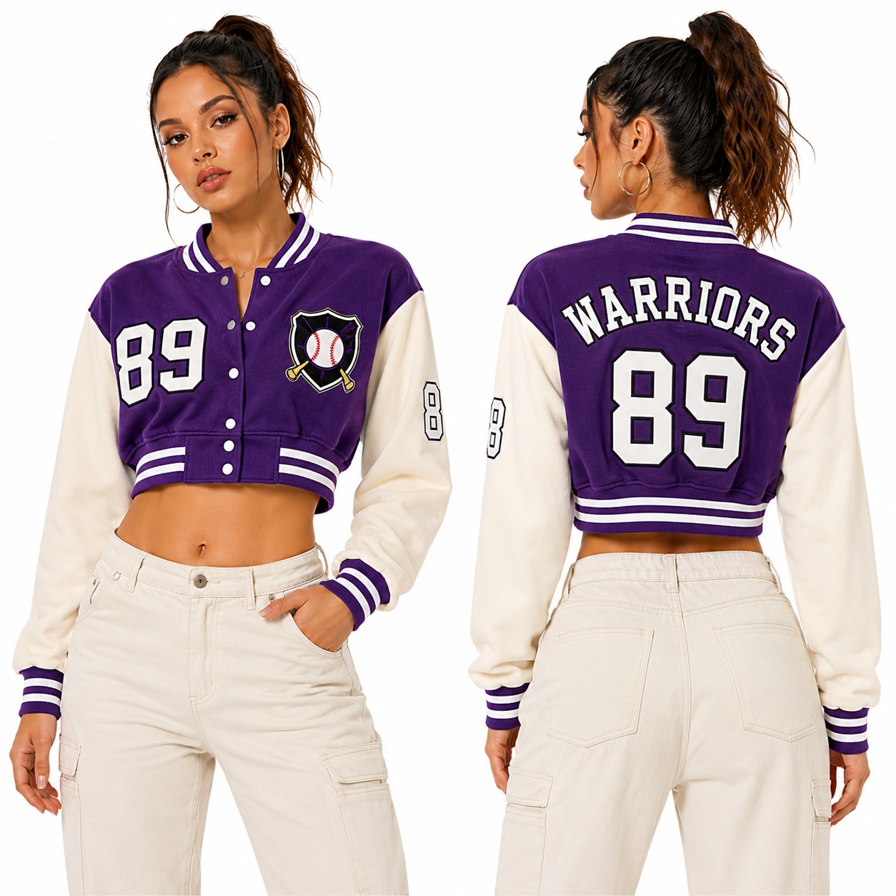 Women’s Cropped Varsity Jacket with Embroidered Patch & Snap Button Closure (2)