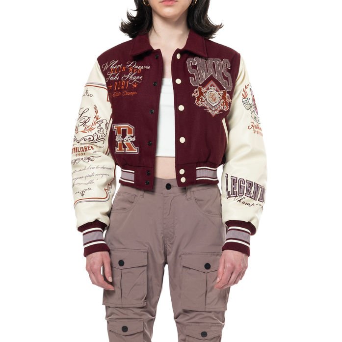 Women’s Custom Leather Sleeve Varsity Jacket Wool Winter Letterman Baseball Jacket with Chenille Embroidery (2)