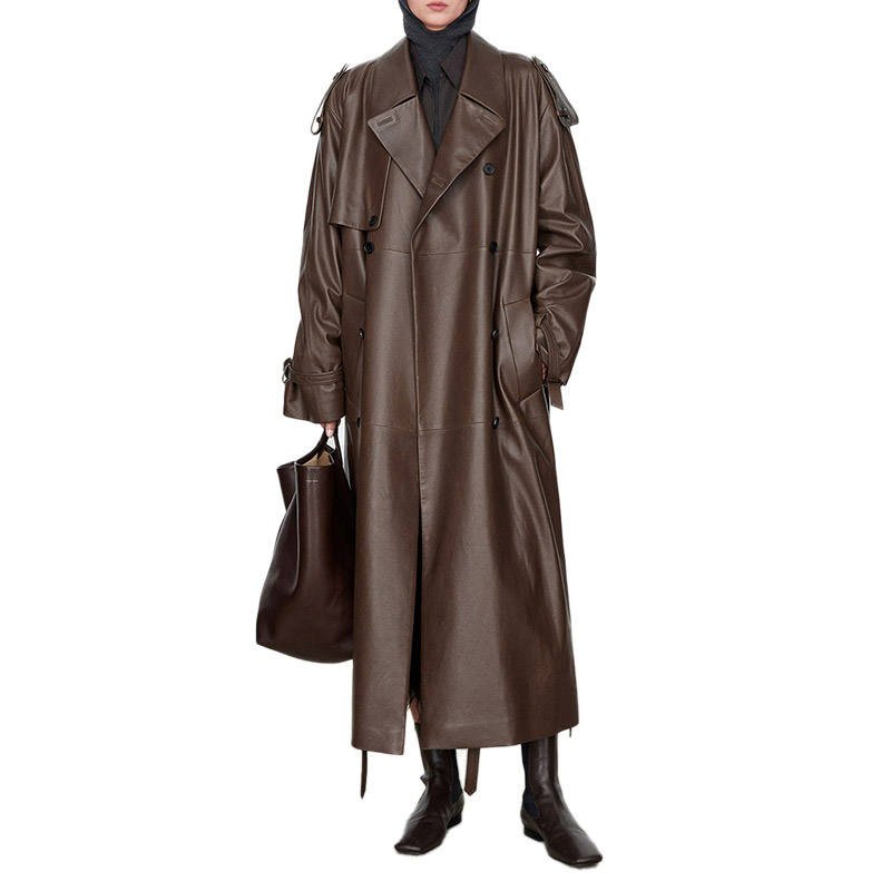 Women’s Double Breasted Sheepskin Leather Trench Coat Belted Long Winter Jacket Custom (3)