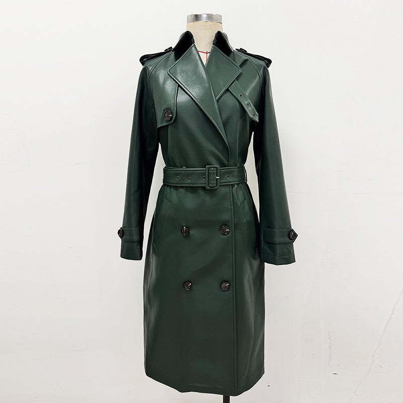 Women’s Green PU Leather Trench Coat Double Breasted Belted Winter Jacket (5)