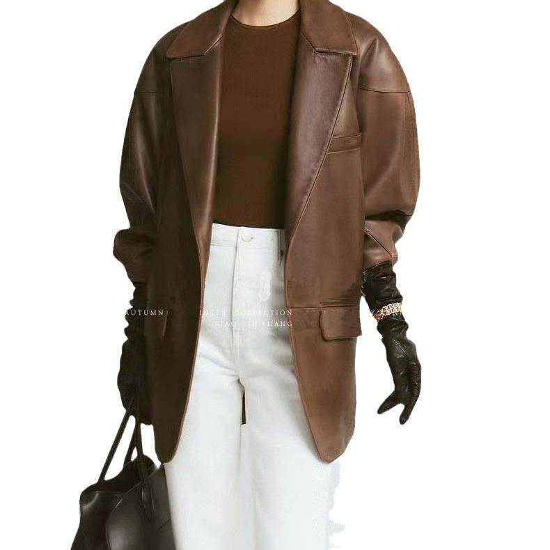 Women’s Long Sheepskin Leather Coat Solid Color Pocket Winter Jacket (5)