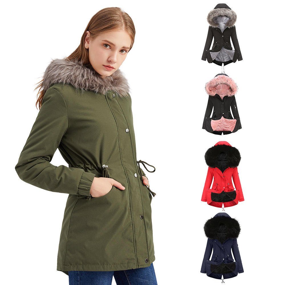 Women’s Mid-Long Hooded Winter Parka with Fur Collar & Windproof Design (1)