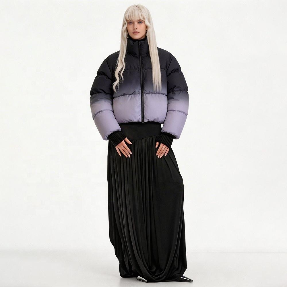 Women’s Ombre Puffer Jacket Black Purple Cropped Quilted Winter Coat (4)
