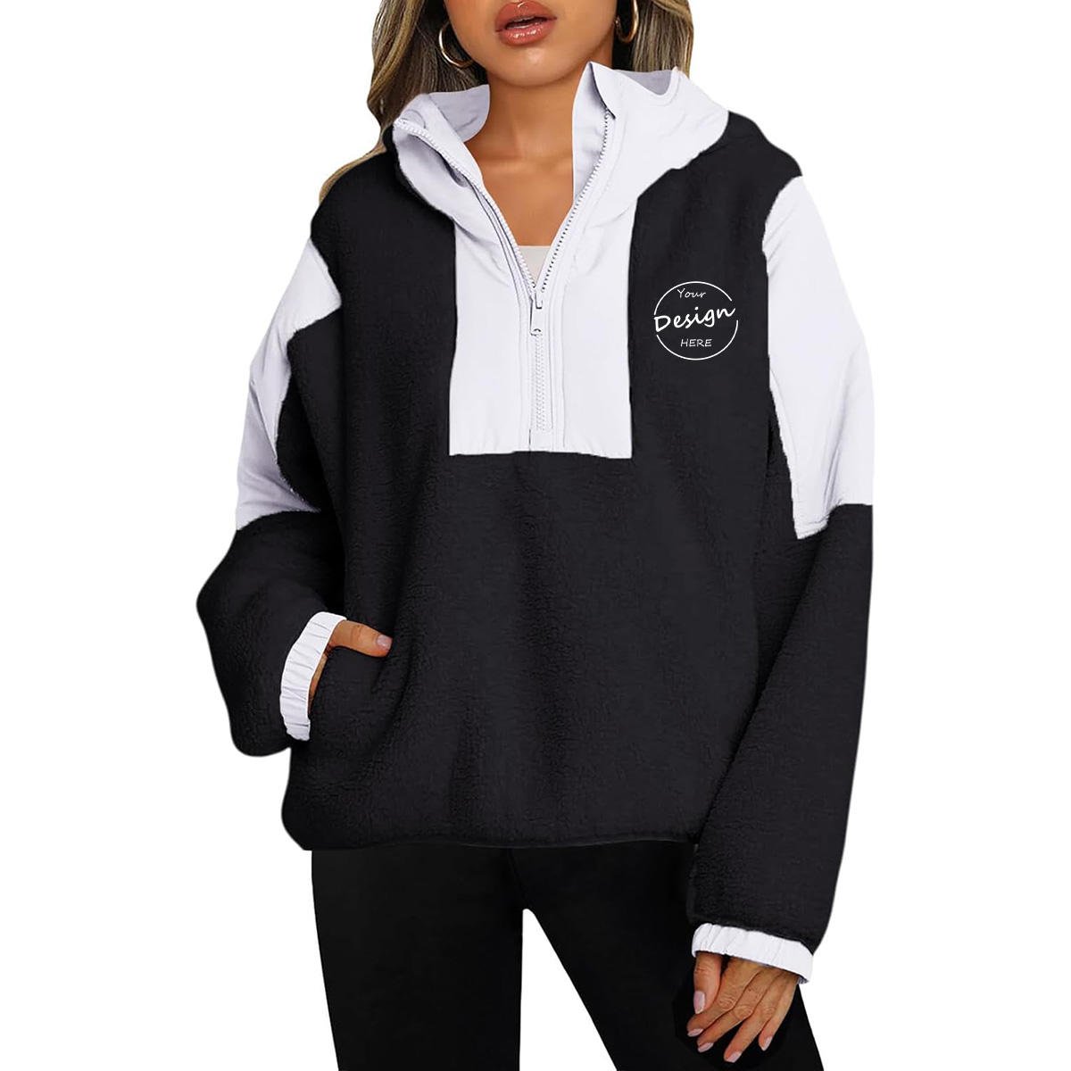 Women’s Patchwork Sherpa Fleece Hoodie Warm Half Zip Winter Jacket (3)