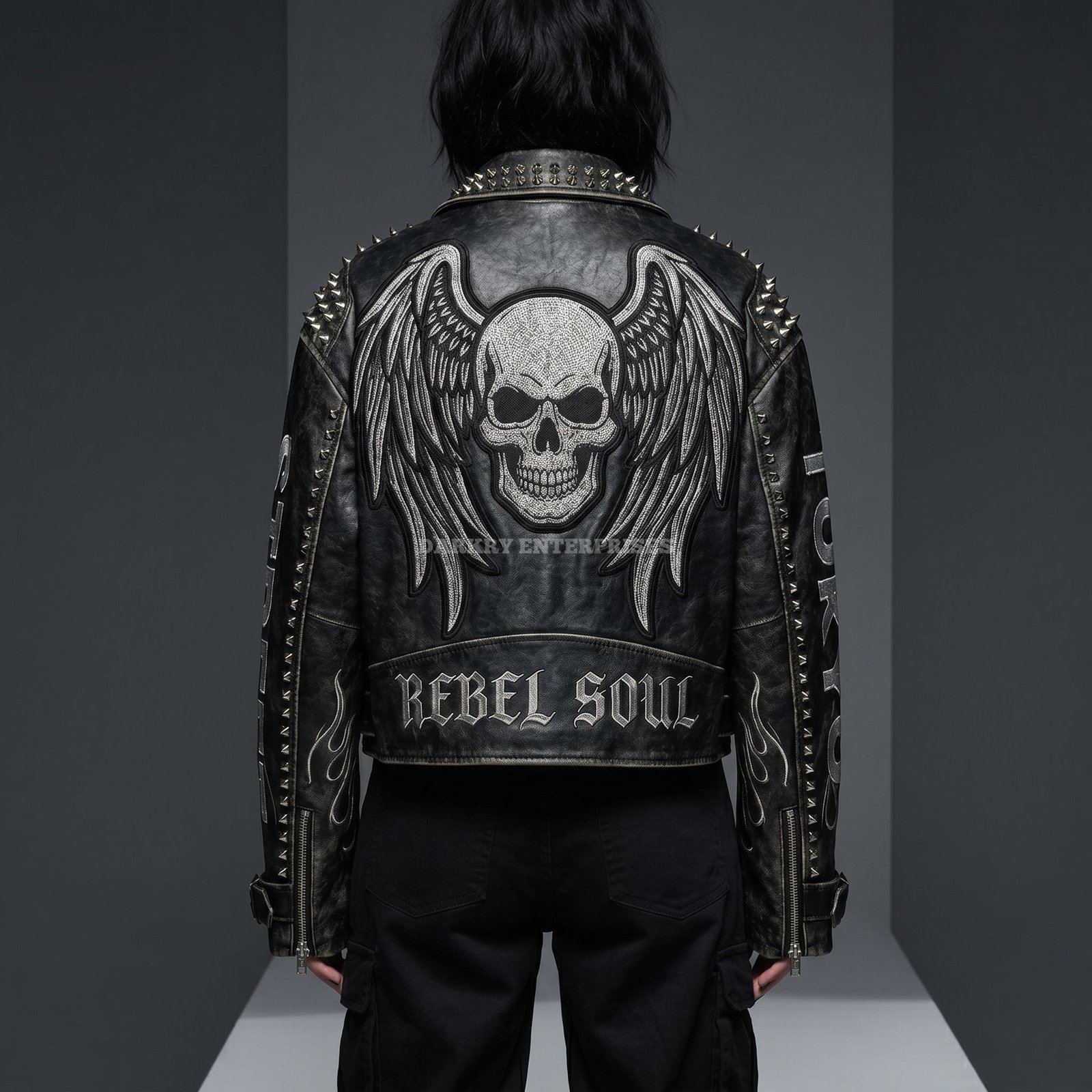 Women’s Punk Biker Leather Jacket Skull Wing Embroidery Studded Black Custom Coat (4)