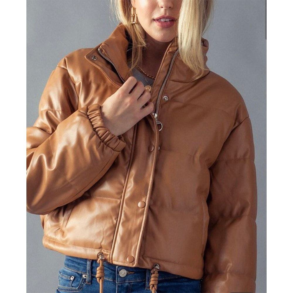 Women’s Quilted Leather Puffer Jacket Cropped Winter Fashion Coat (4)