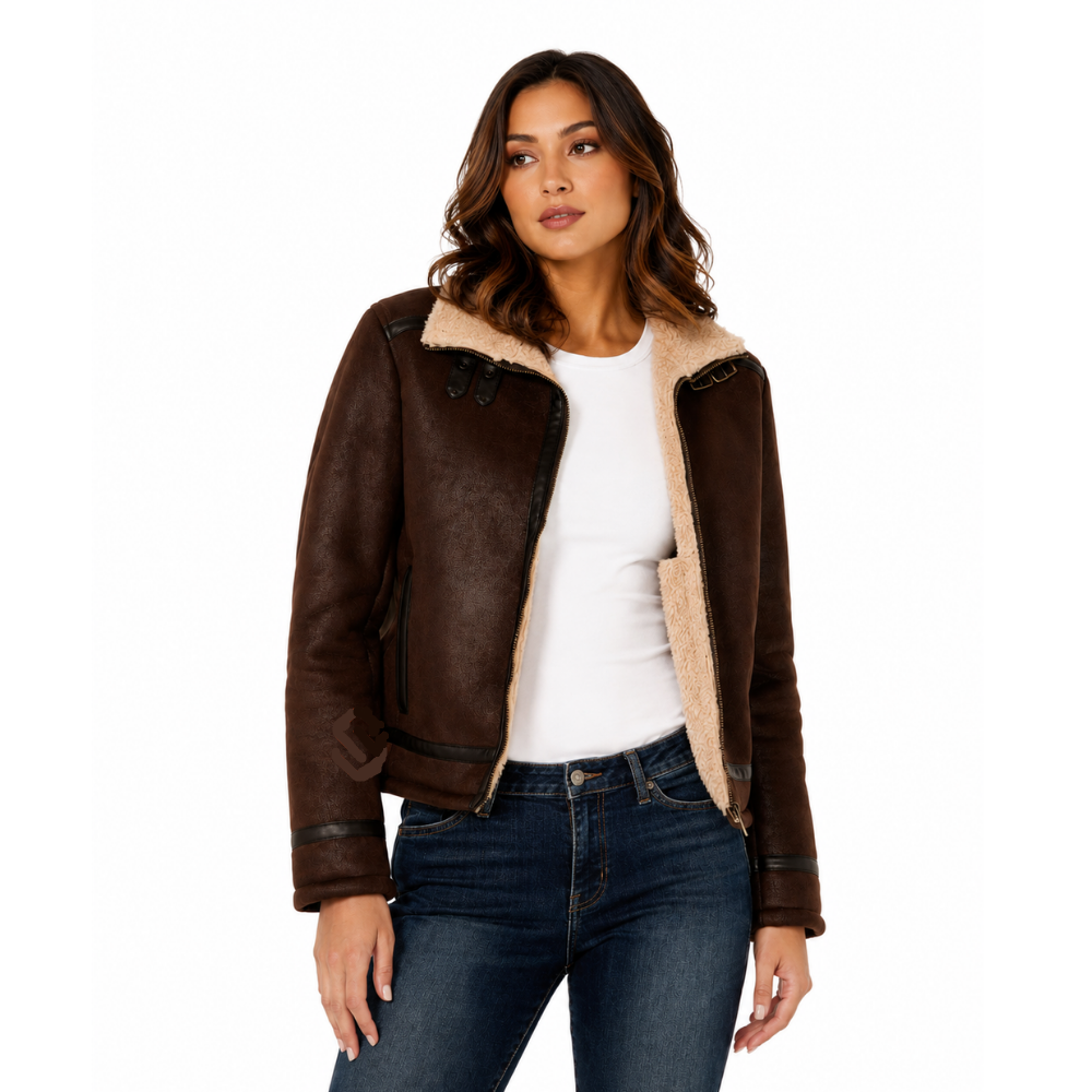 Women’s Sheepskin Aviator Jacket Brown Shearling B3 Bomber Winter Coat (1)