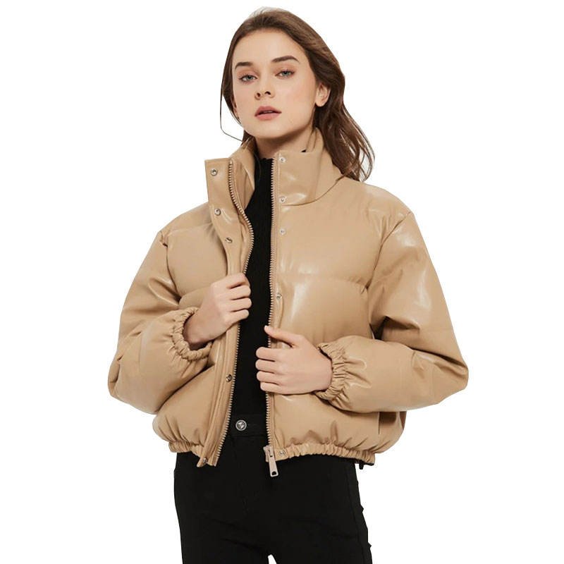 Women’s Shiny PU Leather Puffer Jacket Cropped Bubble Winter Coat Custom (3)