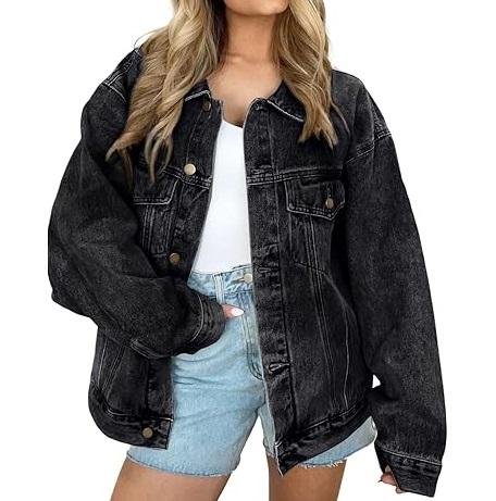 Women’s Vintage Washed Black Denim Jacket Oversized Loose Fit Heavy Jean Streetwear Coat (1)
