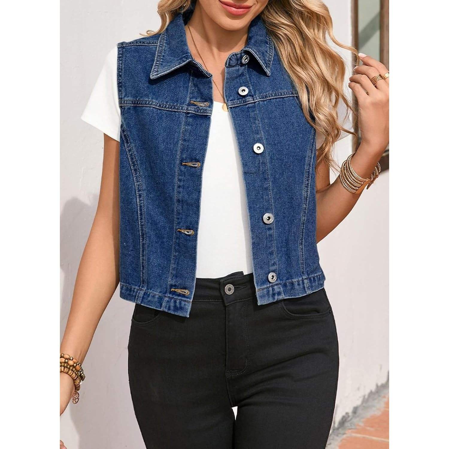 Women’s Woven Denim Sleeveless Crop Vest Collared Jean Waistcoat (2)